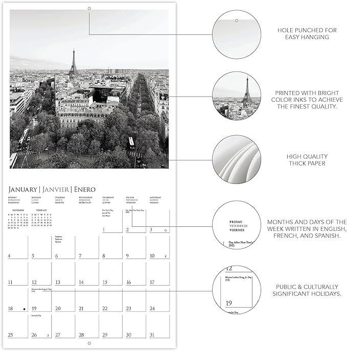 Graphique 2026 Paris Wall Calendar | 12” x 12” | Thick Paper | Home & Office Organizer | Large Monthly Grid | 3 Languages & Marked Holidays | 4 Month Preview Page for 2027
