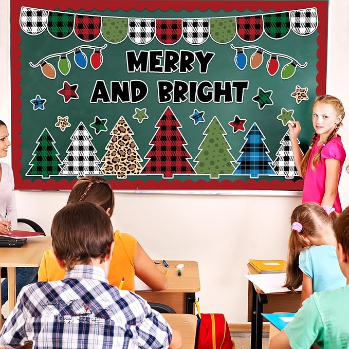 Christmas Classroom Bulletin Board Set Merry and Bright Light Bulb Plaid Xmas Tree Cutouts Retro Christmas Bulletin Board Decorations Xmas Winter Classroom Decor for Home Wall School Party Supplies