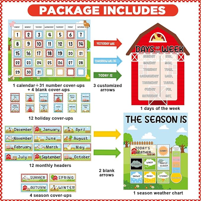 Farm Animal Calendar Bulletin Board Set for Classroom Decoration Farmhouse Calendar Seasons Weather Chart Barnyard Animal CTP Bulletin Board Paper-Cuts for Teachers Elementary School Classroom