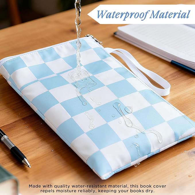 Book Sleeve with Zipper, 11''x 9'' Waterproof Paperback Sleeve for Book Lovers Books Pouch Cover with Handle for Hardcovers Kindle Sleeve for Reader Teacher Women (Blue and white grid, 11x 9 inch)