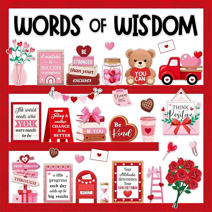 Mooliwe 57 Pcs Sweet Bulletin Board Set Pink Red Heart Envelope Paper Cutouts Positive Quotes Classroom Bulletin Board Decor for School Chalkboard Wall Door Window