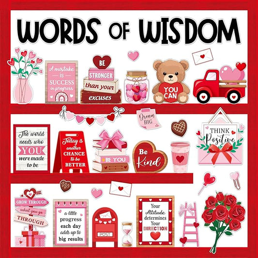 Mooliwe 57 Pcs Sweet Bulletin Board Set Pink Red Heart Envelope Paper Cutouts Positive Quotes Classroom Bulletin Board Decor for School Chalkboard Wall Door Window