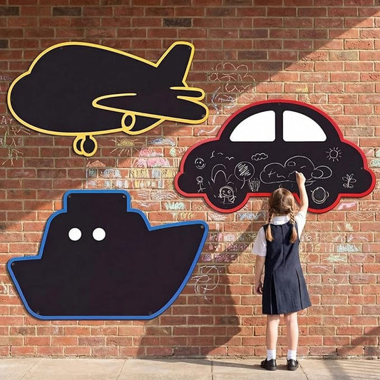 MotiMind 3 Pcs Giant Outdoor Chalkboard for Kids Suitable Indoor and Outdoor Use, Weatherproof Large Black Chalkboard Panels for Wall Back to School Decorations (Vehicle Shapes)