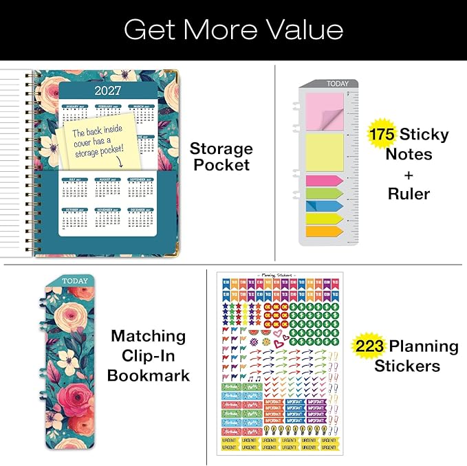 HARDCOVER Academic Year 2026-2027 Planner: 14 Months (May 2026 Through June 2027) 8.5"x 11" Daily Weekly Monthly Planner Yearly Agenda. Bookmark, Pocket Folder and Sticky Note Set (Teal Floral)