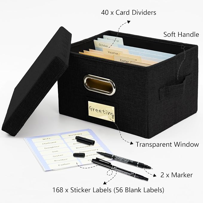 Greeting Card Organizer and Storage Box with 40 Pcs Adjustable Dividers, Storing Cards with 168 Pcs Labels Perfect for Storing Greeting Cards, Envelopes, Photos 2 Pack Black