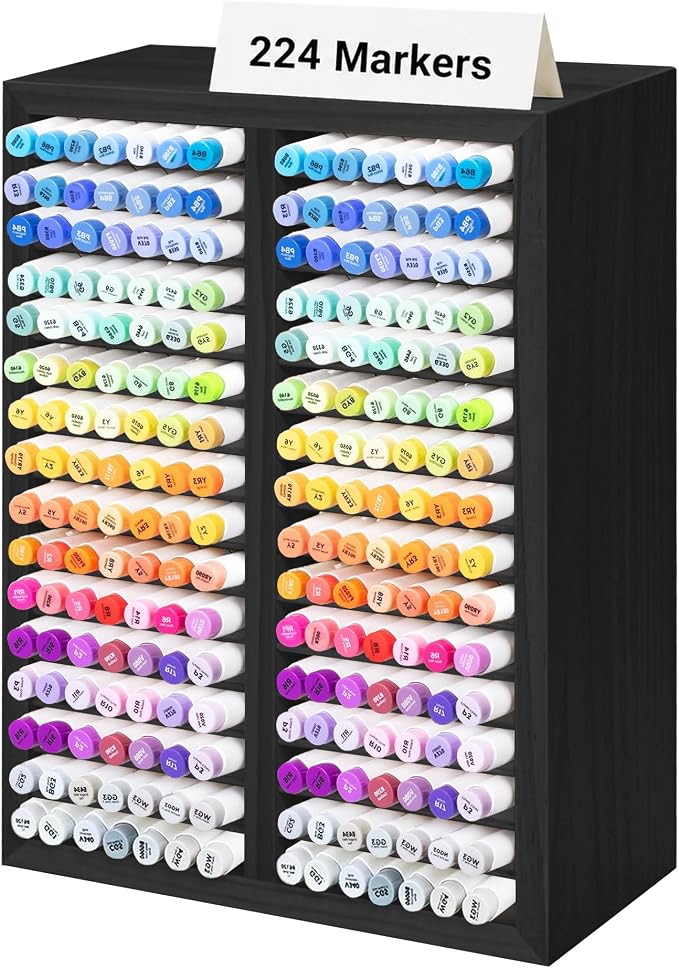 PROLEE Marker Organizer for 224 Markers,Wooden Marker Holder with 32 Slots, Pens Pencils Art Supply Alcohol Markers Storage Organizer for Desk Home Classroom Office Decor(Black,15“x11”x5.2 “)
