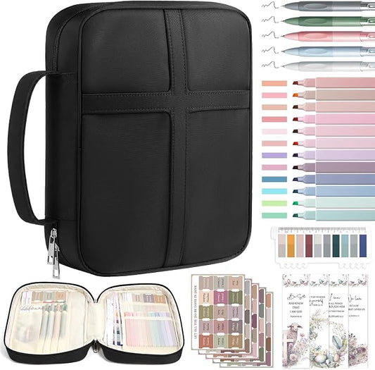 XKDOUS Large Bible Cover, Bible Bag with Handle, Durable Cross Design Bible Case with Bible Accessories, Bible Cover Case for Women and Men, Christian Gift (Black)