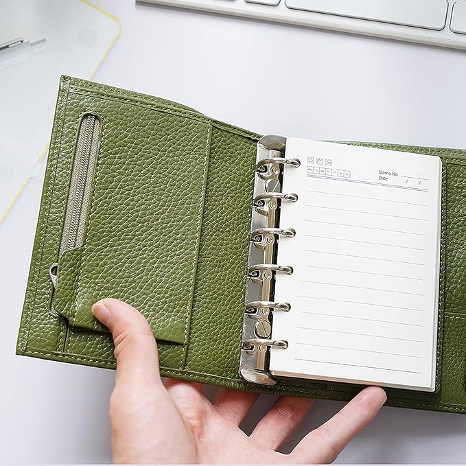 Moterm Pocket Regular Rings Planner - Genuine Leather Binder Organizer (Pebble-Olive, 19mm Ring)