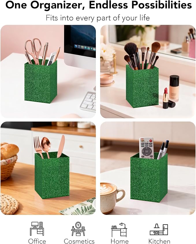 Green Glitter Acrylic Pen Holder, Acrylic Makeup Brush Storage Organizer, Pencil Pen Holder for Desk, Modern Desktop Accessories for Office School Home Supplies