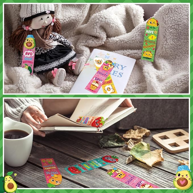60 Pieces Happy Birthday Scented Bookmarks Fruit Food Themed Scented Birthday Bookmark Scratch and Sniff Bookmark with Funny Pun Sayings, Classroom Gifts for Kids Students Teacher Reward, 10 Styles