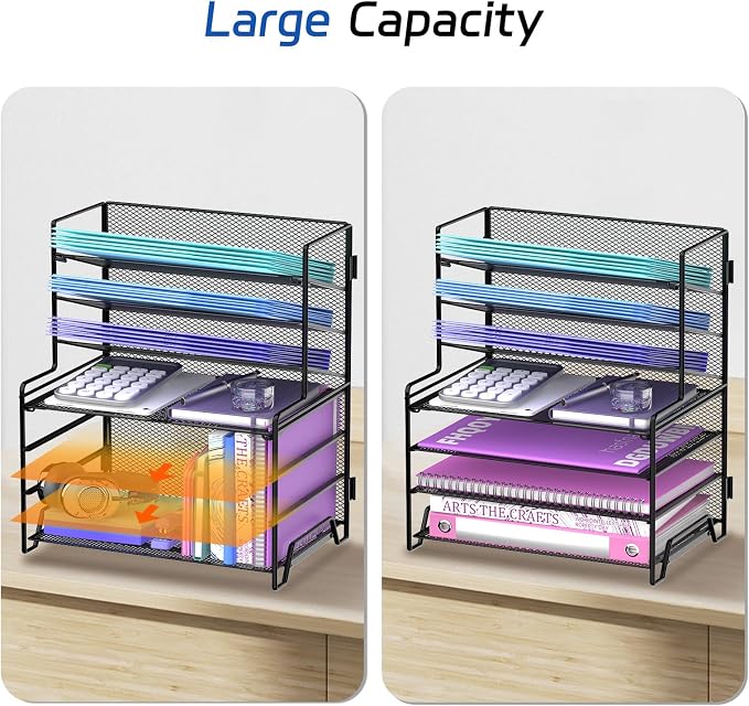 7 Tier Desk File Organizer, Letter Tray Paper Organizer, Metal Desktop Organizers and Accessories for Study and Workspace, for Home Office, Black