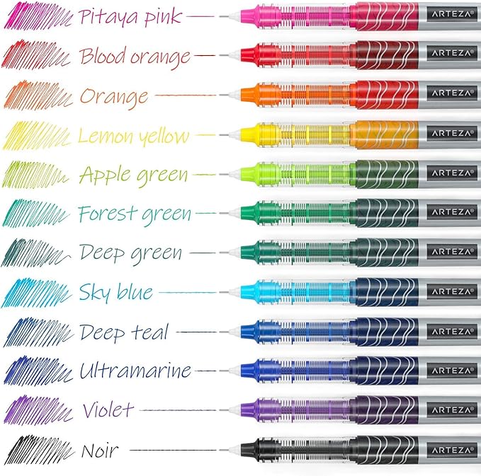 ARTEZA Rollerball Pens Fine Point, 24 Colored Pens Set, 0.5 mm Extra Fine Needle Tip, Liquid Ink Writing Pens for Journaling, Note Taking, Drawing, Color Coding
