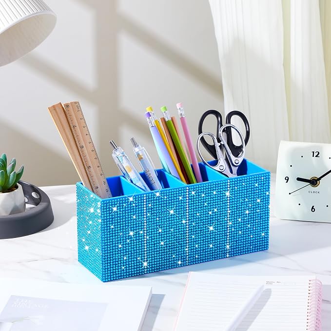 Bling Makeup Brush Organizer for Women, Rhinestone Desk Organizer Pen Holder, Girly Eyeliners Display Case for Vanity, Office, Elevate Your Workspace with Serenity(Rhinestone, Blue)