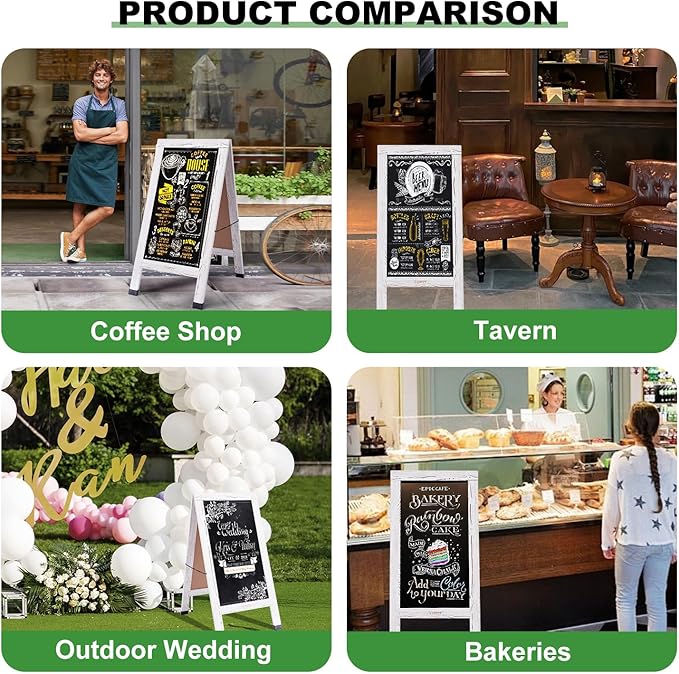 Large Sandwich A-Frame Chalkboard Sign - 40 x 20 Inches Magnetic Wooden Chalk Board for Sidewalk, Stand up Double-Sided Outdoor Easel Display for Restaurant Cafe Shop Wedding Party or Business（White）