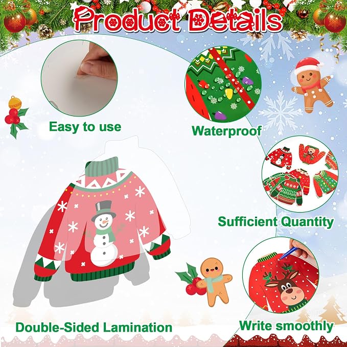 60pcs Christmas Theme Cutouts Ugly Sweater Bulletin Board Decorations Xmas Ugly Sweater Paper Cut-Outs Classroom Decor for Xmas Classroom DIY Craft Photo Wall Door Christmas Winter Party Supplies