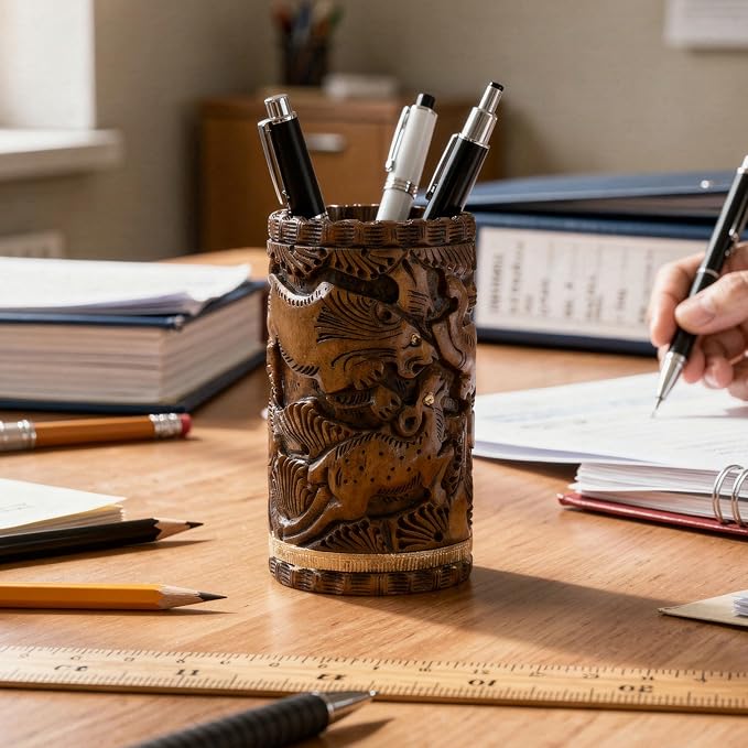 Craft Trade Premium Handcrafted Wooden Desk Organizer - Hand Carved Pen & Pencil Holder for Study Table - Natural Wood Stationery Storage Box, Elegant Office Desk Accessory