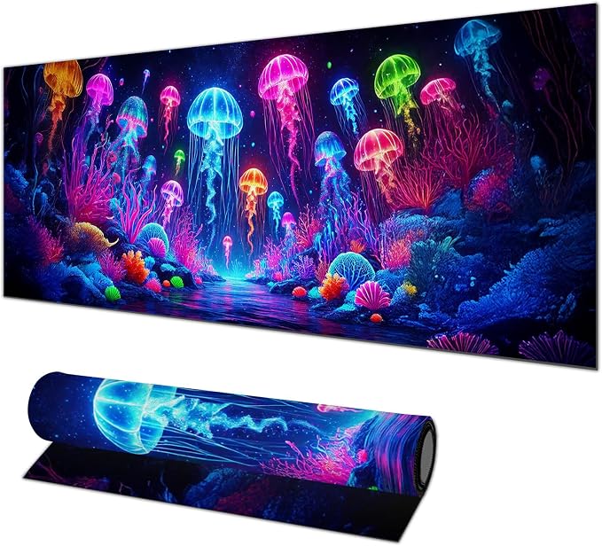 HOMETITUTE Jellyfish Neon Gaming Mouse Pad XL Desk Mat Large Mouse Pad for Extended Keyboard Pad Computer Mat Waterproof Mouse Mat Non Slip Base Desk Accessories for Home Office Gaming