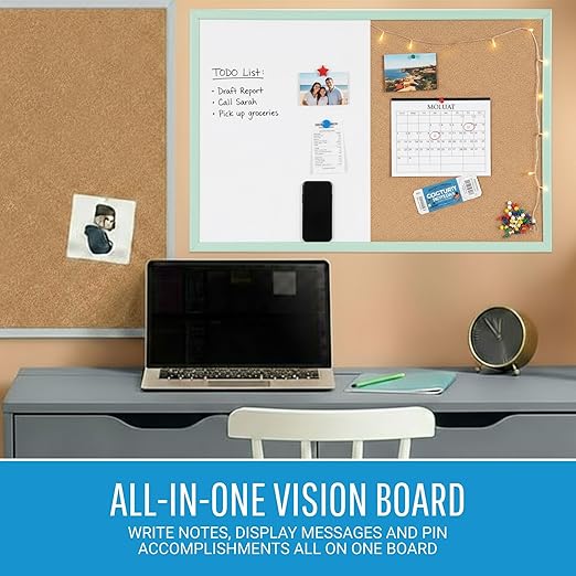 MasterVision Pastel Combo Bulletin and Dry Erase Board, 36" x 24", Green Frame, Decorative Magnetic Whiteboard and Cork Board, Wall Décor for Home, Office, Dorm, or Classroom