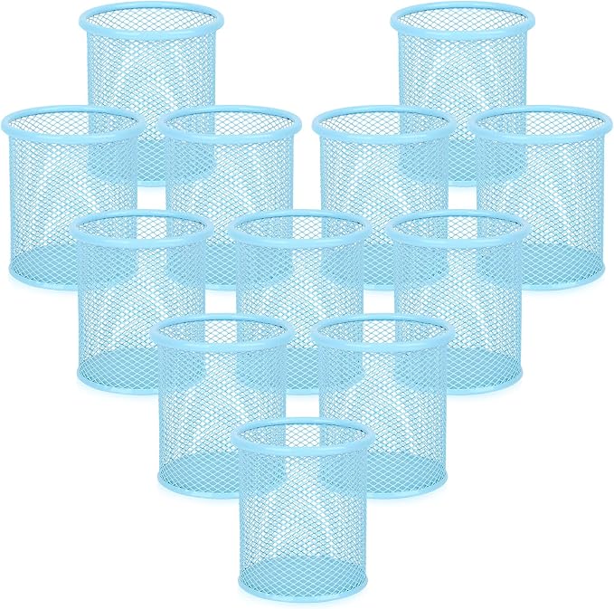 Segarty Pen Holer, 12 Pack Round Light Blue Pencils Holder for Desk, Metal Mesh Pen Cup Container Marker Organizer Set for Office, School, Home, Desktop Storage and Organization