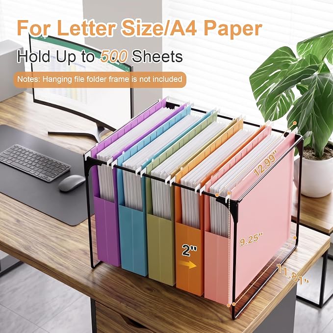 6 Pack Extra Capacity Plastic Hanging File Folders, Heavy Duty 2-Inch Expansion, Reinforced Expanding File Organizer with 1/5-Cut Tabs for Letter Size Documents, Office Desk & Home Storage