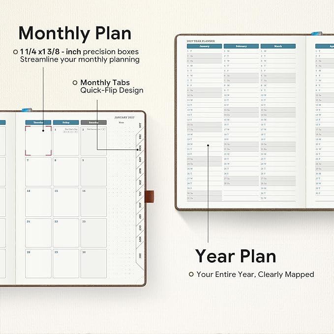 Planner 2026-2027 Weekly & Monthly Planner with Hourly Time Slots, 18 Month Academic Calendar July 2026 – Dec 2027, Vertical Layout, Monthly Tabs, Textured Fabric Hardcover, Coffee