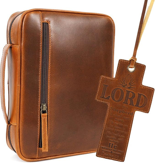 ELIZO Leather Bible Cover for Men Bible Case Women Holder Carrying Organizer Wrap Sleeve Protector Christian Religious Gift Cross Bookmark – Study Cognac