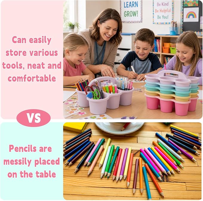 Plastic Caddy with Handle Set of 6 Classroom Caddy Organizer Cup Caddies Water Bottle Storage Crayon Caddies Plastic Cup Holder Drink Carrier for School Home Office Supplies (Pink Purple)