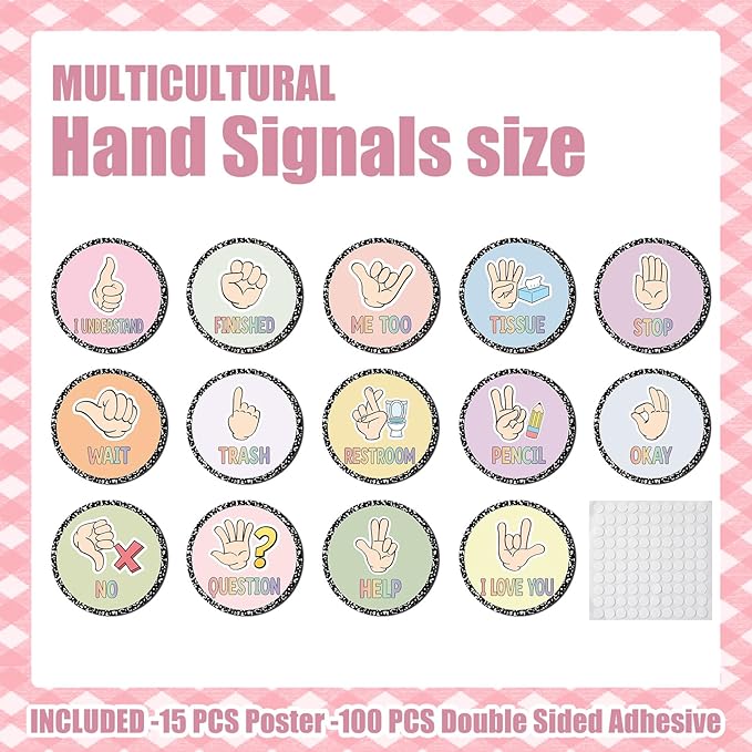 MotiMind 15 Pcs Classroom Hand Signal Cards Signal with Adhesive Tapes Decor Classroom Learning Bulletin Board Hand Signals Language Posters for Teachers Students Visual Cues (Multicolor Circular)