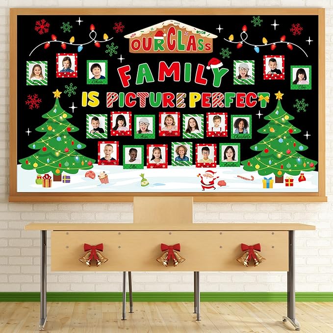 gisgfim Christmas Bulletin Board Decorations Set Xmas Our Class is Family Picture Frame Paper Cutouts Merry Christmas Tree Photo Name Tag Bulletin Board Decor for Winter Holiday School Chalkboard Wall