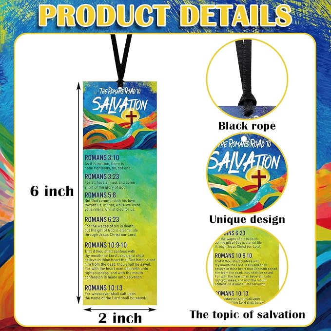 Fuyoooo 50 Pcs Romans Road to Salvation Bookmarks 6 x 2 Inches Roman's Road Bookmarks Gospel Tracts with 50 Pcs Hanging Strings Christian Inspirational Scripture Gift for Church Evangelism Men Women