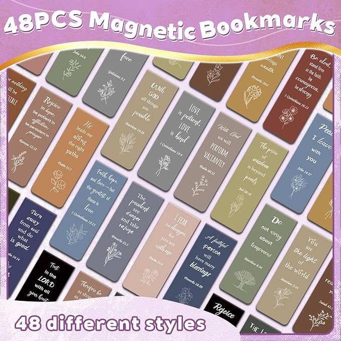 48Magnetic Bookmarks Bible Bookmark Christian Bookmarks Bulk Book Marks for Reading Women Men Adults Kids Book Lovers Gifts, Cute Personalized Religious Magnet Bookmark Clips (Morandi)