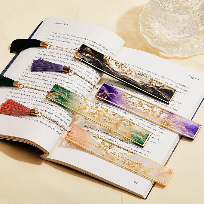 Gersoniel 4 Pieces Resin Bookmarks Handmade Resin Gilt Bookmarks with Tassels Presents for Women Kids Students Teachers and Book Lovers School Home Reading(Bright Color)