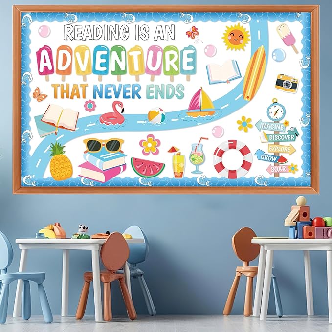 Summer Reading Bulletin Board Set Reading is an Adventure Bulletin Board Decoration Colorful Flamingo Watermelon Books Cutouts for Summer Back to School Library Home Chalkboard Wall Decor