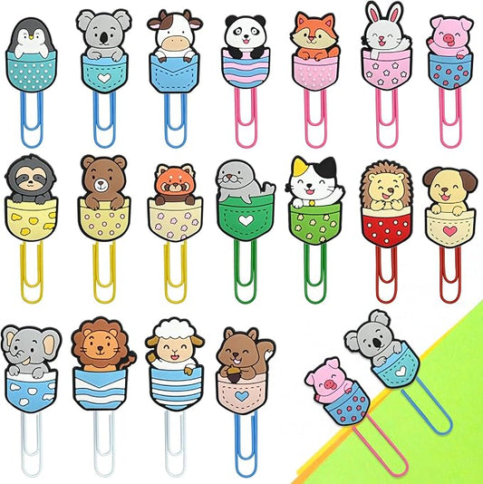 Cute Paper Clips, 18Pcs Cute Pocket Animals Bookmark Paperclips Bulk Metal Fun Pet Planner Clip Charms Clamp Desk Accessories Stationery Colorful Office Supplies Gifts for Student Teacher Party Decor