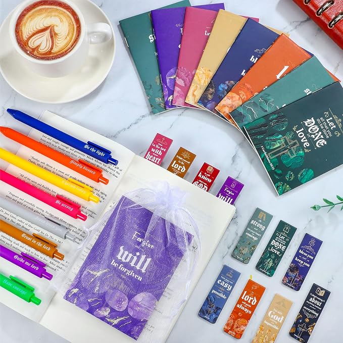 WSICSE 144 Pcs Christian Bible Gifts Set Bulk, Religious Scripture Notebooks Verses Bookmarks Bible Quote Pens Organza Bags for Inspirational Bible Gifts for Office School