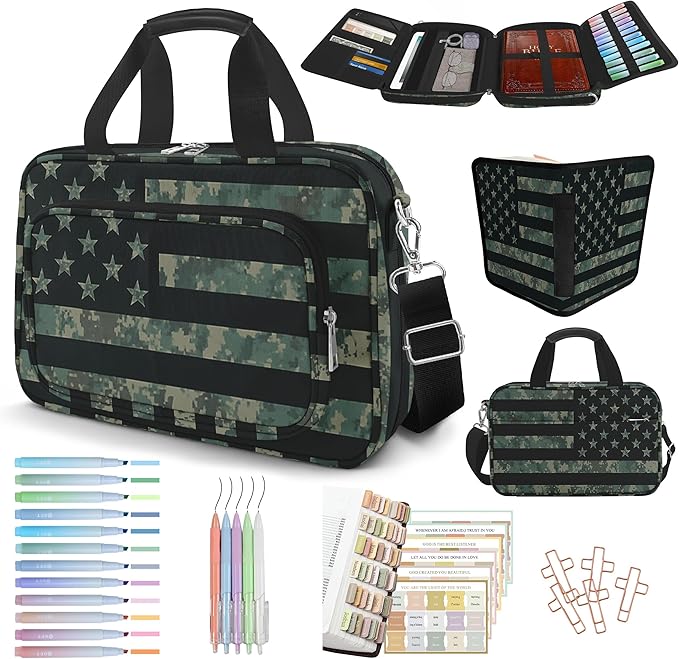 American Flag Caom Bible Cover Case for Men Boys, Large Kids Tactical Bible Carrying Book Case Church Bag, Bible Study Supplies Journaling Kit, Highlighters,Pens Cross Clips, Christian Gifts