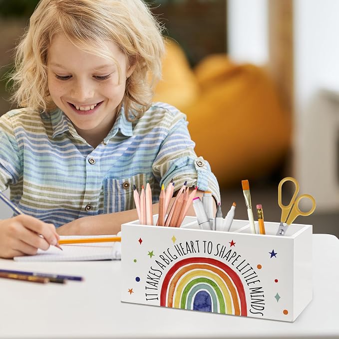 Boho Rainbow Teacher Pen Holder, Teacher Appreciation Gifts Office Pen Pencil Holder Organizer for Desk Accessories, Boho Rainbow Wooden Box Desk Decor for Office Classroom Desk Decorations