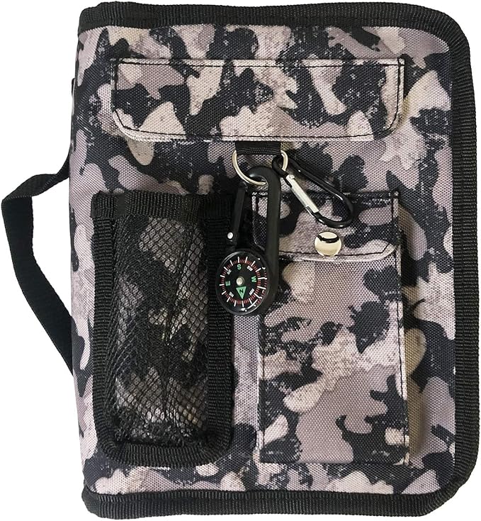 Bible Cover Case for Men Women Grey Camo Medium Book Bible Cover with Durable Handle Quilted Carrying Case Prayer Church Scripture Tote Bible Case Scout Book Cover with Compass Carabiner Camouflage