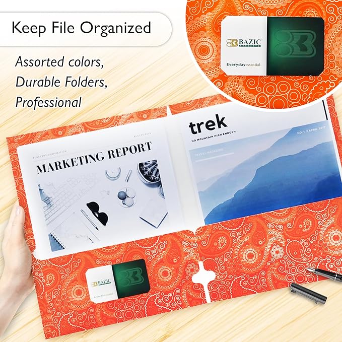 BAZIC Products 2 Pocket Paper Folder, Letter Size Document Organizer for School, Office, Business Use, Paisley Design Portfolio Folder for Homework, Reports & Forms, Assorted Colors, 48-Pack