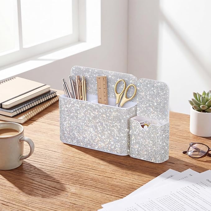 MotiMind 2 Pcs Silver Bling Magnetic Marker Holder Women Girl Locker Accessories Marker Pen Pencil Holder for Refrigerator Whiteboard Sparkly Gift Desk Organizer for School Office (Rhinestone)