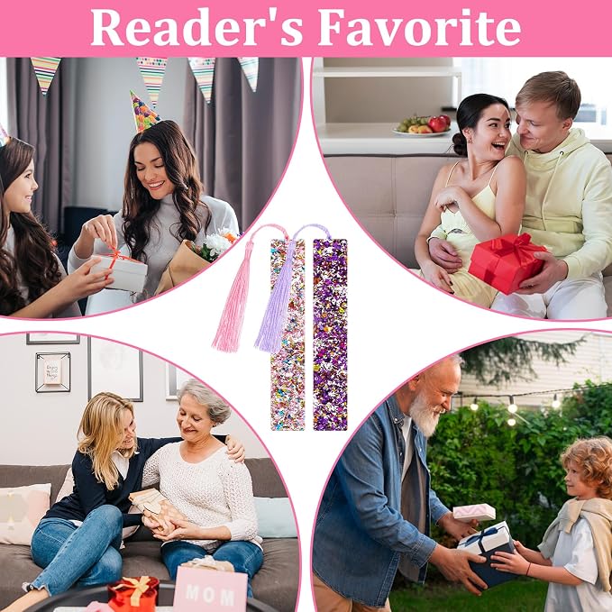 2 Pcs Glitter Bookmarks with Tassels Resin Bookmarks for Girls Kids Book Marks for Reading Purple Pink Tassel Bookmark for Girls Women Book Lover Reading Presents