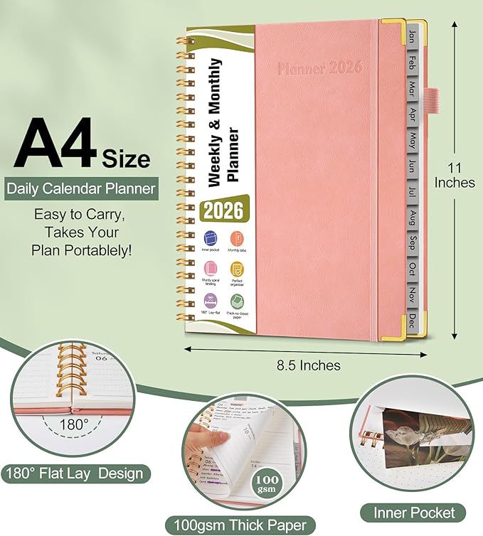 2026 Planner, Hardcover Leather Weekly and Monthly Planner, January 2026 - December 2026, Spiral Yearly Agenda Organizer Book 2026 with Tabs, Daily Calendar Planners for School Work Home, A4 (8.5" x 11"), Pink