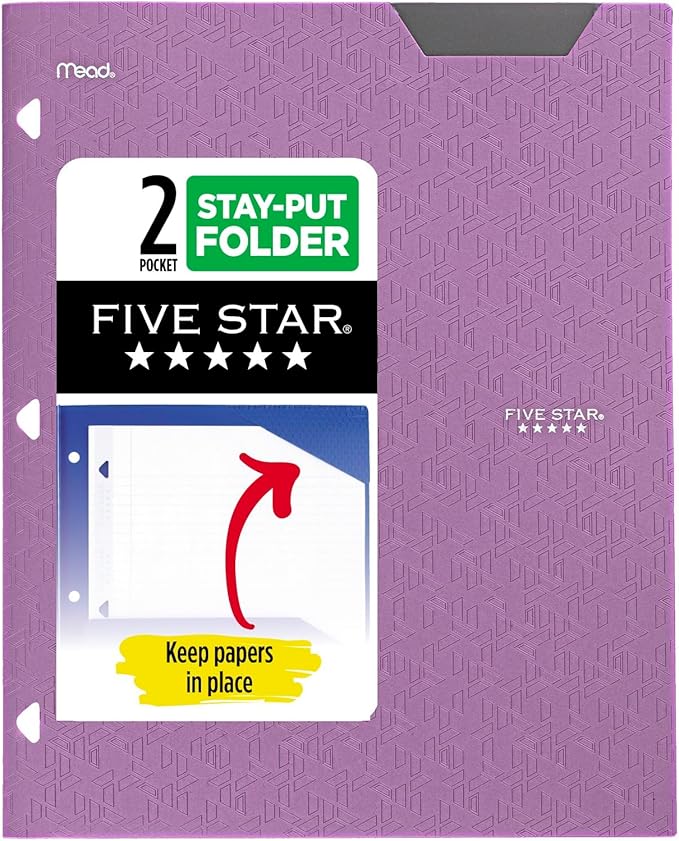 Five Star 2-Pocket Folder, Plastic Folder with Stay-Put Tabs, Fits 3-Ring Binder, Holds 8-1/2" x 11" Paper, Amethyst Purple (333420I-ECM)
