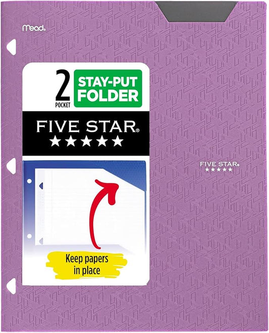 Five Star 2-Pocket Folder, Plastic Folder with Stay-Put Tabs, Fits 3-Ring Binder, Holds 8-1/2" x 11" Paper, Amethyst Purple (333420I-ECM)