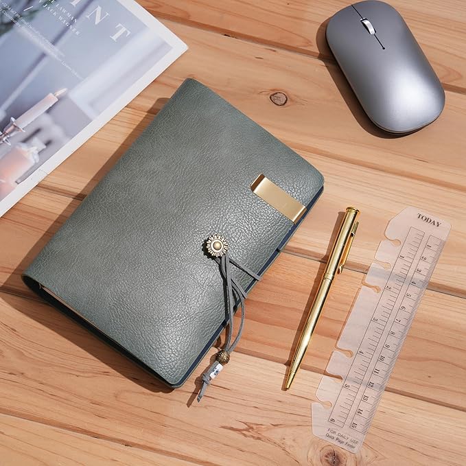 WONDERPOOL Leather Journal Lined Paper Notebook & Pen - Refillable 6 Ring Binder Writing Spiral Diary with Ruled Notepads Vintage Cover for Office Travel Work and Plan Agenda (a-Green, A6)