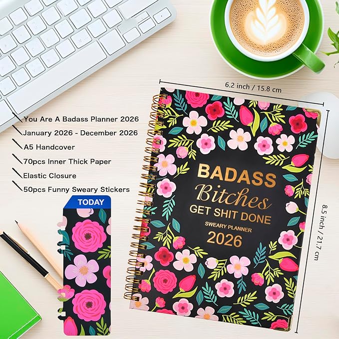 Badass Bitches Get Shit Done Sweary A5 Planner 2026-6.2 * 8.5" Weekly Monthly You Are A Badass Calendar for Women, Fuck It Swear Daily Notebook for Goals Productivity Journal Affirmations Gift, Black