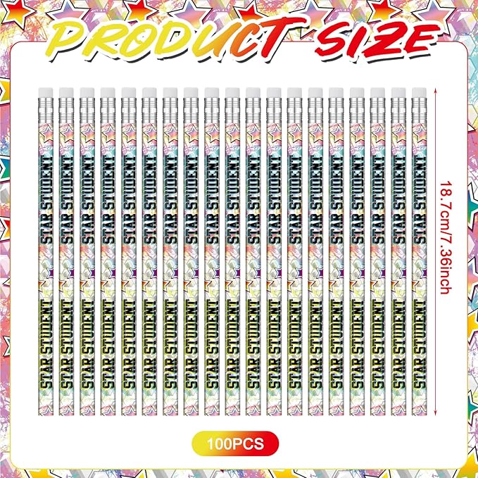 Tenceur 100 Pcs Star Student Motivational Pencils with Erasers Bulk 7.3 Inches Incentives Recognition Education Award Prize for Teacher School Classroom Reward Supplies