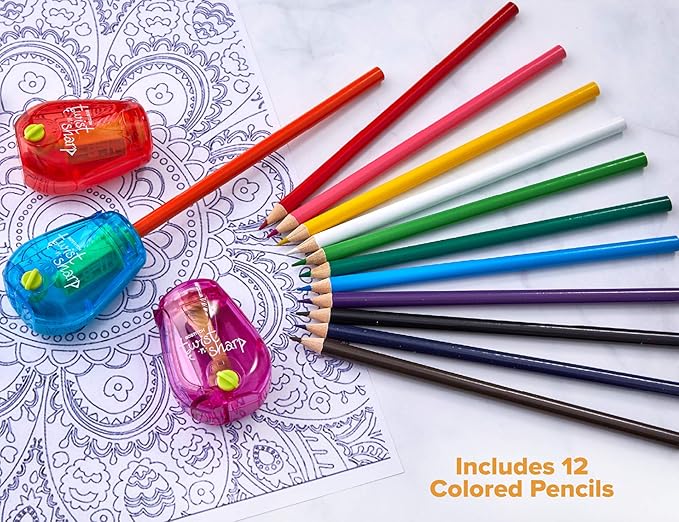 Bostitch Office Pencil Sharpener, Twist-N-Sharp, 3-Pack with 12 Colored Pencils for Kids Activities or Adult Coloring
