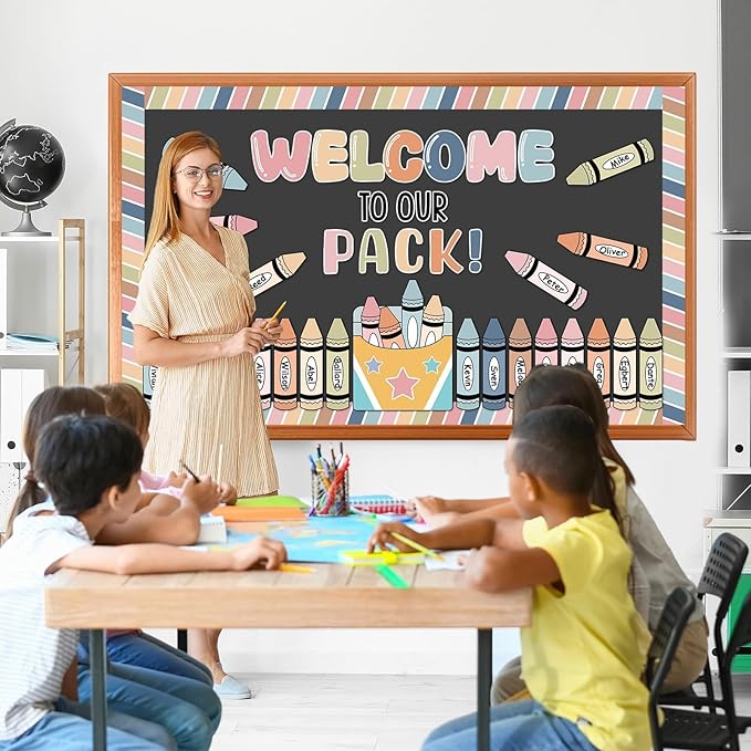 Boho Welcome to Our Pack Bulletin Board Set Crayons Back to School Classroom Decorations Colorful Crayon Theme Name Tags Crayon Box Star Cutouts for Classroom Teachers Chalkboard Home Wall Door Decor