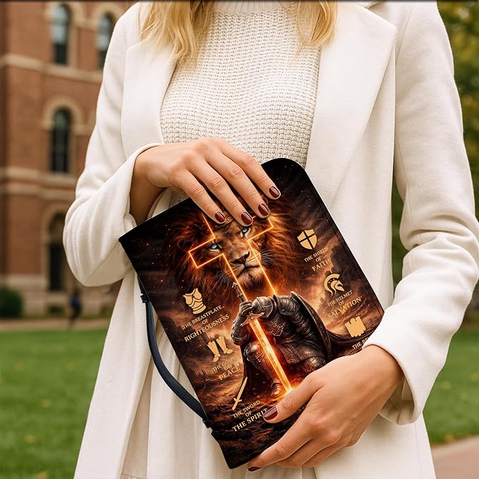 Personalized Man of God Bible Cover for Men, Christian PU Leather Bible Case with Handle Zipper, God Says I Am Warrior Scripture Bible Holder, Religious Gift for Men (Warrior Lion)